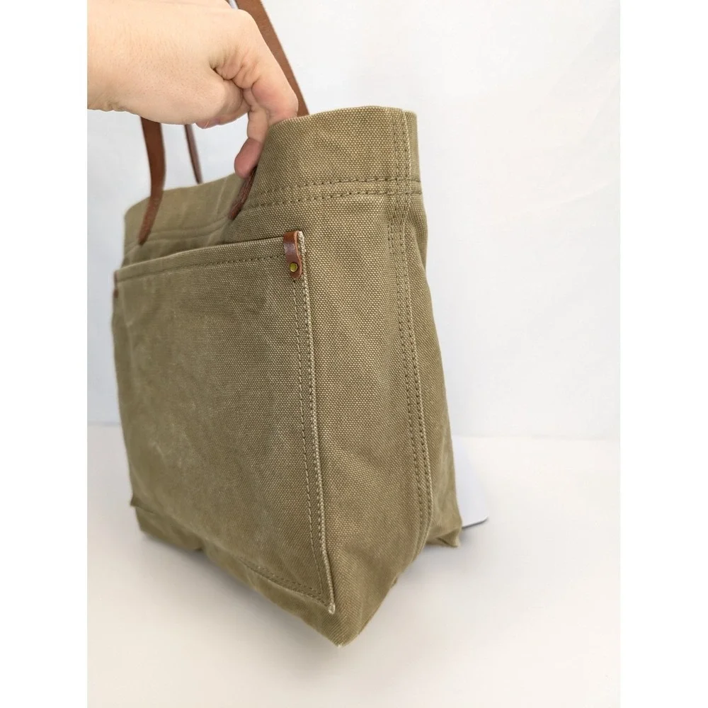 Madewell Canvas Leather Tote Bag Green Utility School Grocery Granola Beach - Picture 4 of 10